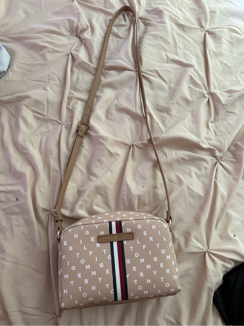 Tommy Hilfiger Beige Logo Crossbody with Tricolor Stripe